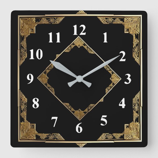 Horloge Carrée Cadre diamant Carré or et noir Art déco (Recto)