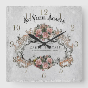Horloge Carrée Cadre vintage français avec rose
