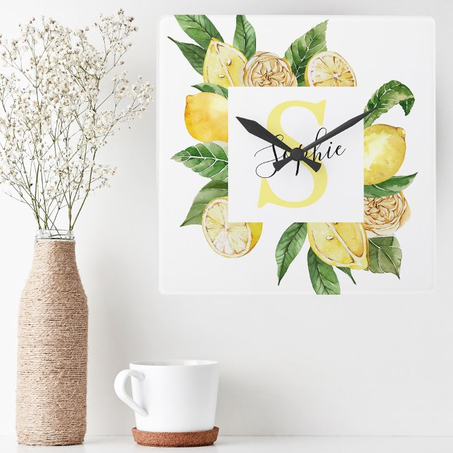 Horloge Carrée Cadres et Feuilles de citrons jaunes modernes avec (Créateur téléchargé)