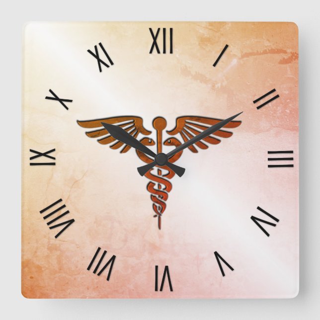 Horloge Carrée Caducée Médicale avec chiffres romains noirs (Recto)