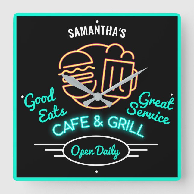 Horloge Carrée  Cafe Grill Retro Fifties Green Neon Effet Nom S (Recto)