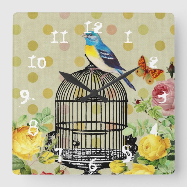 Horloge Carrée Cage Florale Oiseau Ephémère Granny Chic (Recto)