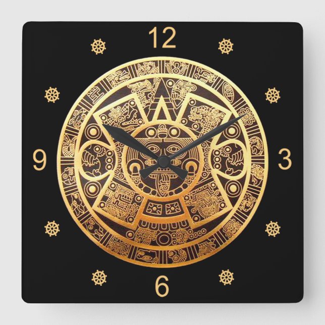 Horloge Carrée Calendrier Sun Aztec ~ Or & Noir ~ ~ (Recto)