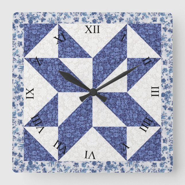 Horloge Carrée Calico Faux bleu et blanc (Recto)