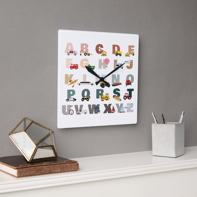 Horloge Carrée Camions et véhicules de transport d'alphabet migno (Bureau)