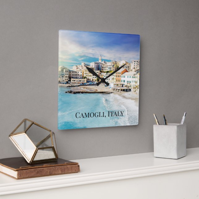 Horloge Carrée Camogli Italie Plage Océan Méditerranée Peinture (Bureau)