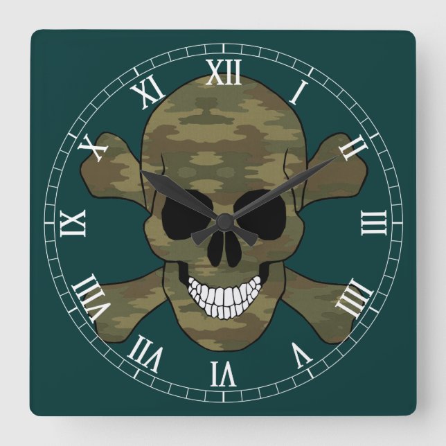Horloge Carrée Camouflage Skull et Crossbone Roman Numeral Clock (Recto)