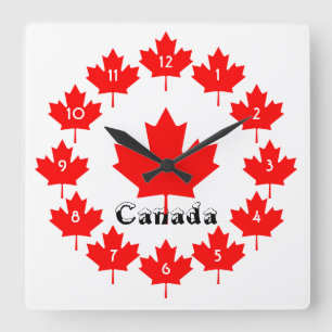 Horloge Carrée Canada Red Maple Leaf Pattern w Snow Fun Canadian