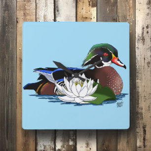 Horloge Carrée Canard en bois coloré nénuphar faune bleu