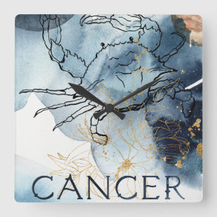 Horloge Carrée Cancer crabe zodiaque bleu noir planètes en or noi