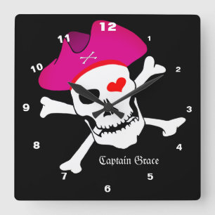 Horloge Carrée Capitaine Grace & Pirates Drapeau, Maison du crâne