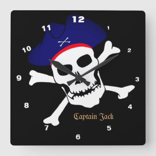 Horloge Carrée Capitaine Jack & Pirates Drapeau, Maison du crâne 