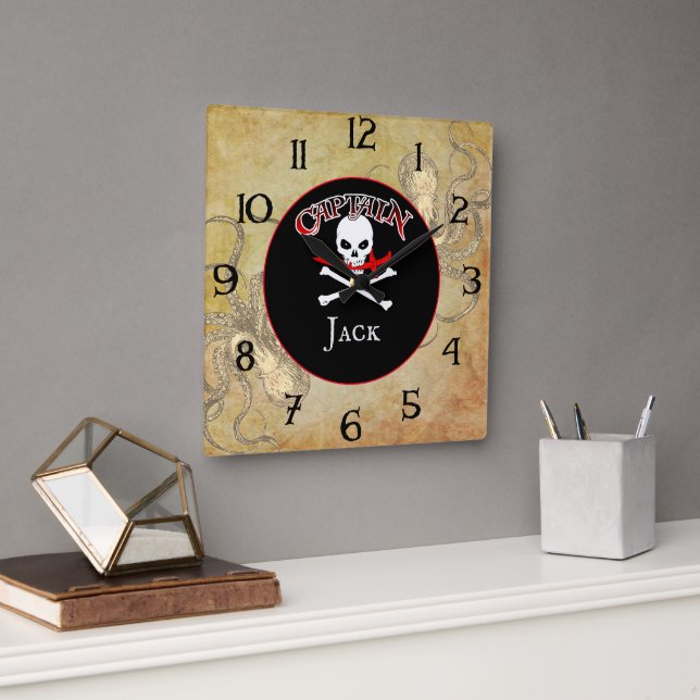 Horloge Carrée Capitaine pirate personnalisée (Bureau)
