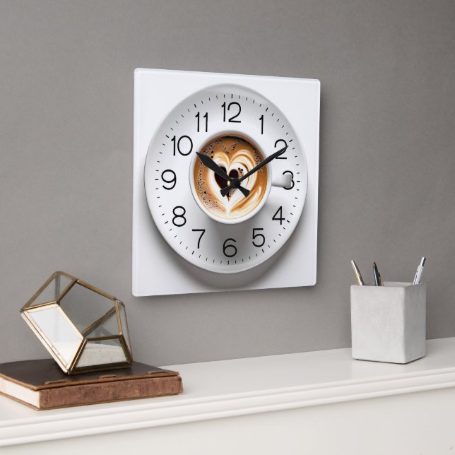 Horloge Carrée Cappuccino Du Coeur En Coupe Blanche (Bureau)