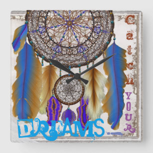 Horloge Carrée Capteur de rêve avec plumes bleues d'oiseau magiqu