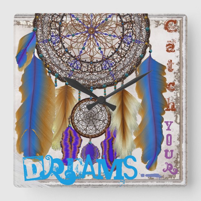 Horloge Carrée Capteur de rêve avec plumes bleues d'oiseau magiqu (Recto)