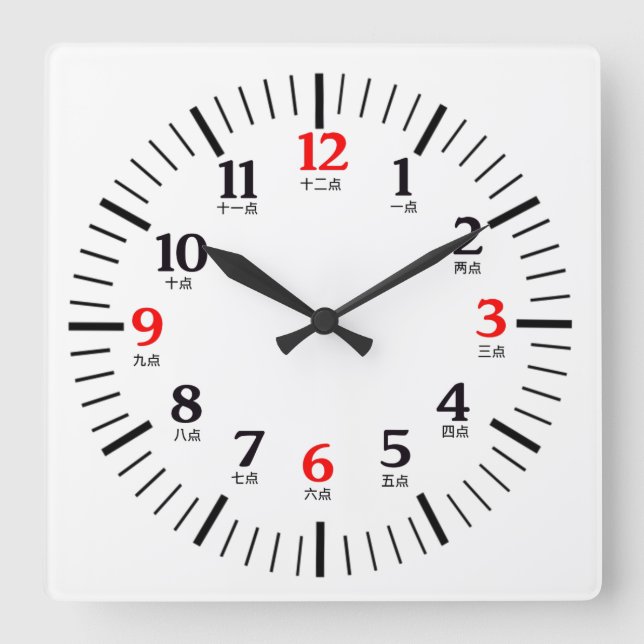 Horloge Carrée Caractère numérique bilingue anglais/chinois perso (Recto)