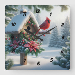 Horloge Carrée Cardinal d'hiver sur une maison d'oiseaux festive
