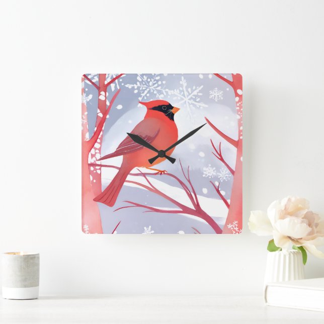 Horloge Carrée Cardinal rouge | Belle aquarelle peinture (Maison)