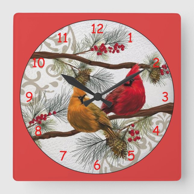 Horloge Carrée Cardinaux jaunes et rouges (Recto)