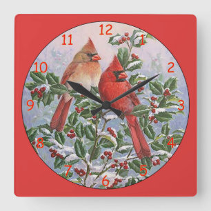 Horloge Carrée Cardinaux jaunes et rouges dans un arbre