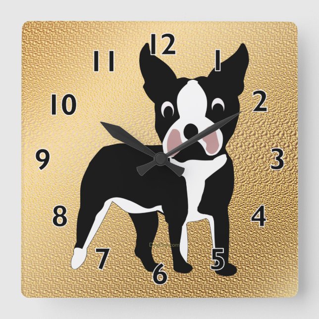 Horloge Carrée Caricature de Boston Terrier (Recto)