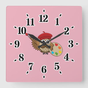 Horloge Carrée Caricature de Chouette Peintre Cute