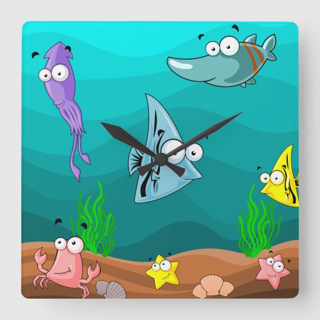 Horloge Carrée Caricature pour enfants ou crèche Sea Life (Recto)