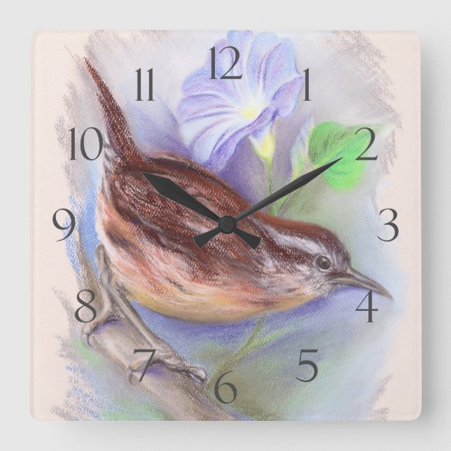 Horloge Carrée Carolina Wren avec les fleurs de gloire du matin (Recto)