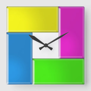 Horloge Carrée carré de formes jaune, violet, vert et bleu