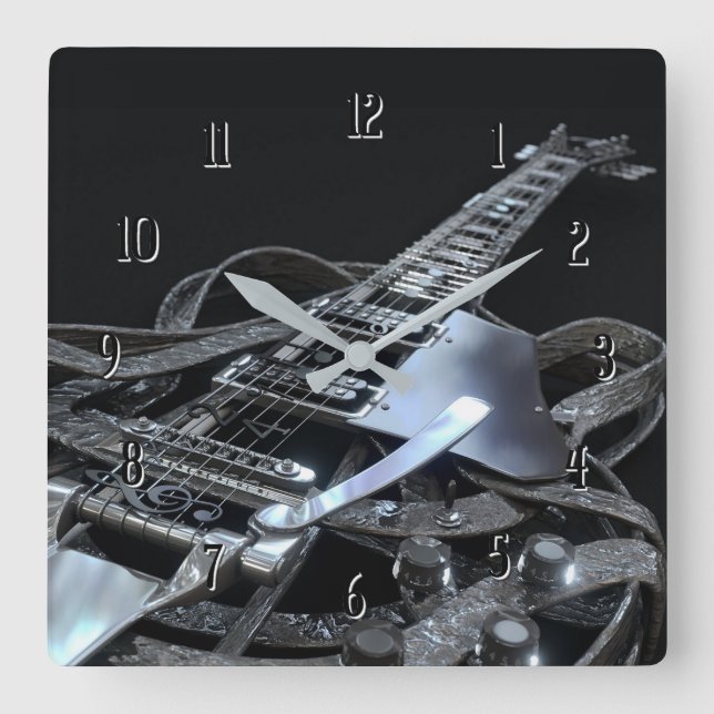 Horloge Carrée Carré de guitare électrique gris argenté (Recto)