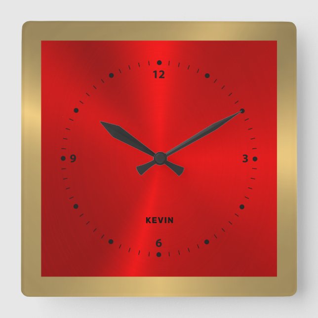 Horloge Carrée Carré en acier inoxydable or & rouge & métal (Recto)