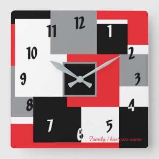 Horloge Carrée Carré géométrique moderne Formes rouge noir blanc