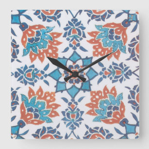 Horloge Carrée Carreau d'art floral vintage bleu rouge blanc