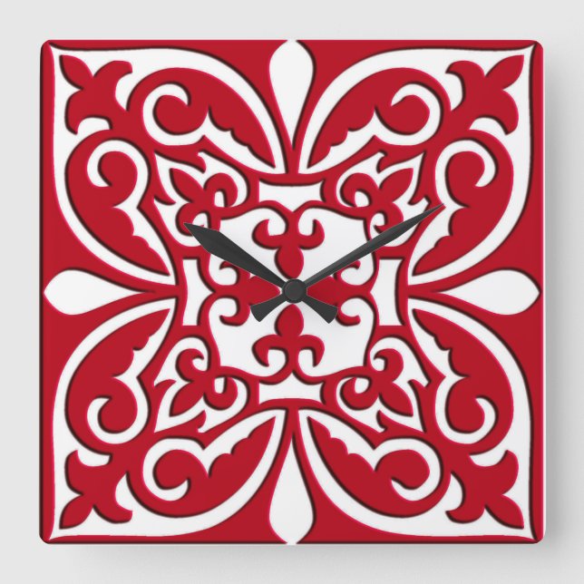 Horloge Carrée Carreau marocain - rouge foncé et blanc (Recto)