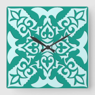 Horloge Carrée Carreau marocain - turquoise et aqua