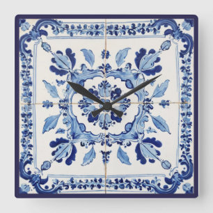 Horloge Carrée Carreaux Portugais Azulejos Vintage Bleu Et Blanc