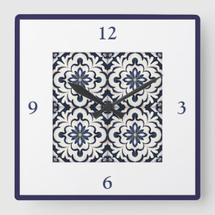 Horloge Carrée Carreaux Portugais Azulejos Vintage Bleu Et Blanc