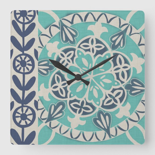 Horloge Carrée Carrelage Batik Bleu I (Recto)