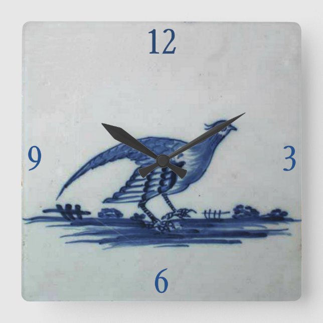 Horloge Carrée Carrelage Bleu Delft antique - Grouse dans l'Herbe (Recto)