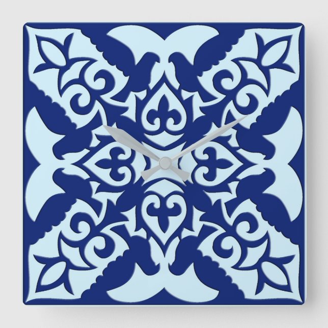 Horloge Carrée Carrelage marocain - bleu marine et bleu clair (Recto)