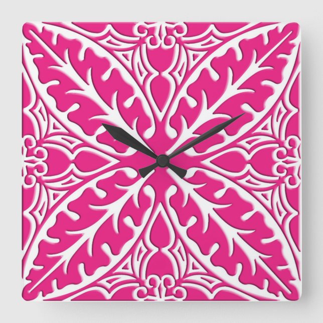 Horloge Carrée Carrelage marocain - rose fuchsia et blanc (Recto)