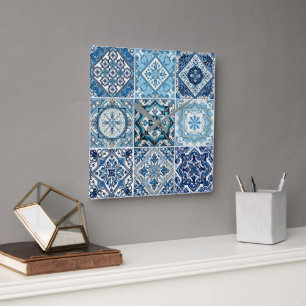 Horloge Carrée Carrelage méditerranéen, Portugais, Azulejo, Majol