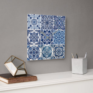 Horloge Carrée Carrelage méditerranéen, Portugais, Azulejo, Majol