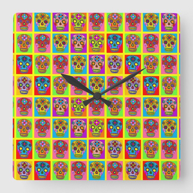 Horloge Carrée Carrés crâne sucre (Recto)