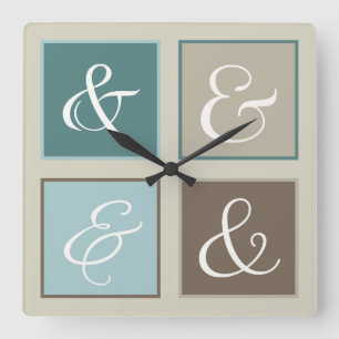 Horloge Carrée Carrés esperluette, sarcelle, bleu, marron, gris