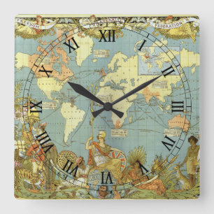 Horloge Carrée Carte antique du monde de l'Empire britannique, 18