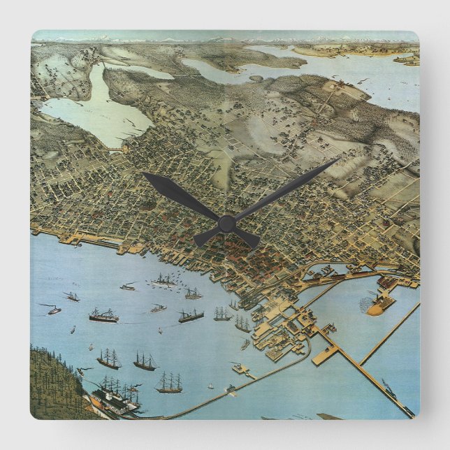 Horloge Carrée Carte antique Vue aérienne Ville de Seattle Washin (Recto)