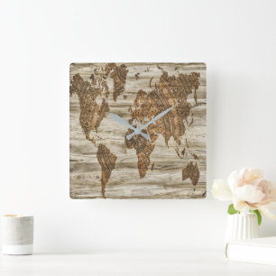 Horloge Carrée Carte Brown de l'empreinte mondiale