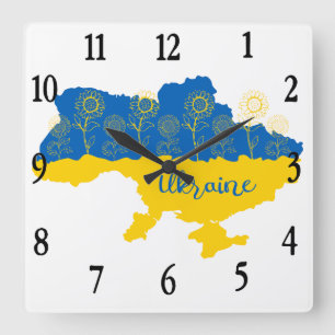 Horloge Carrée Carte de l'Ukraine avec tournesol et drapeau ukrai